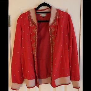 Anthropologie Red Embroidered Bomber Jacket